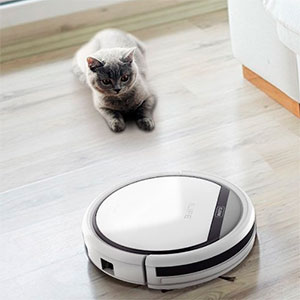 A cat and an ILIFE V3s Robot Vacuum Cleaner